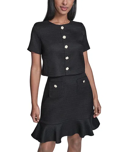 Karl Lagerfeld Flower Button Short Sleeve Summer Tweed Dress In Black