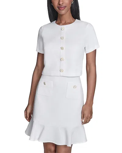 Karl Lagerfeld Flower Button Short Sleeve Summer Tweed Dress In White