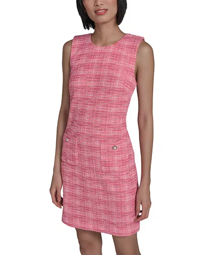 Karl Lagerfeld Flower Button Sleeveless Knit Tweed Sheath Dress In Pink