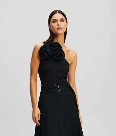 Karl Lagerfeld Flower One-shoulder Bodysuit In Black