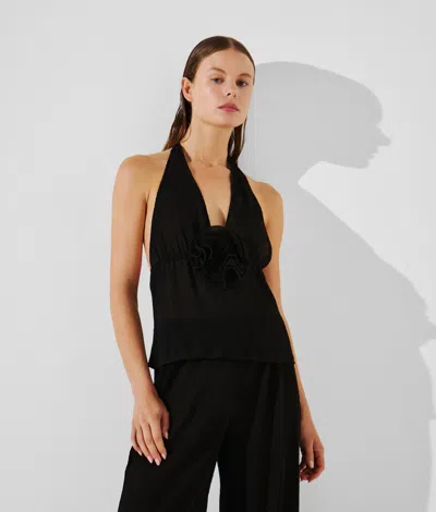 Karl Lagerfeld Flower Plissé Halter Top In Black
