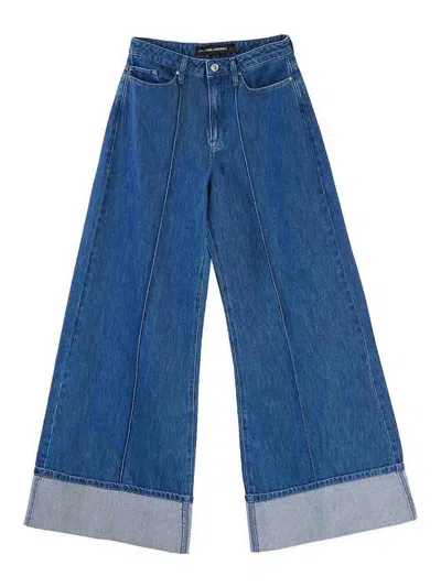 Karl Lagerfeld Folded Wide Leg Denim Pants In Blue