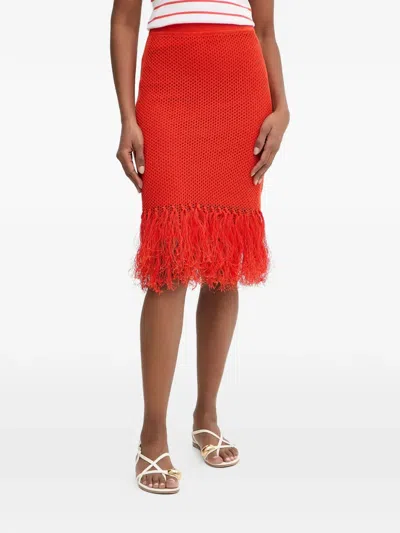 Karl Lagerfeld Fringed Open-knit Midi Skirt In Orange