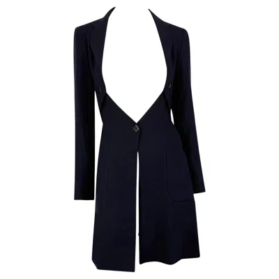 Pre-owned Karl Lagerfeld F/w 1994  Open-front Plunging Navy Wool Coat Dress F36 In Blue