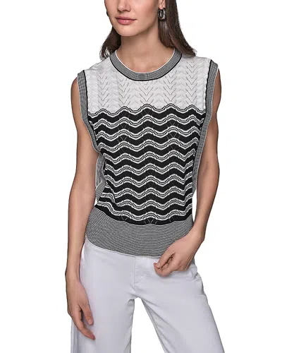 Karl Lagerfeld Geometric Pointelle Knit Sleeveless Sweater In Black  Soft White