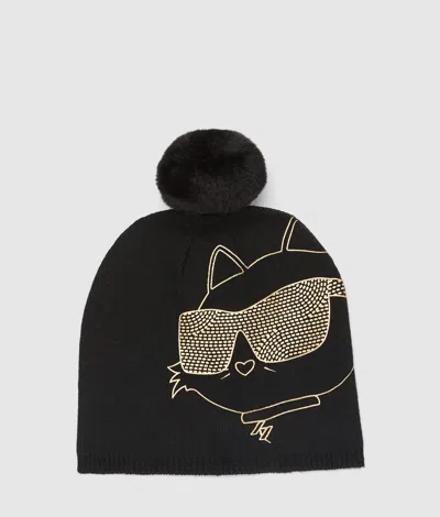 Karl Lagerfeld Girls Ikon Pom-pom Beanie In Black