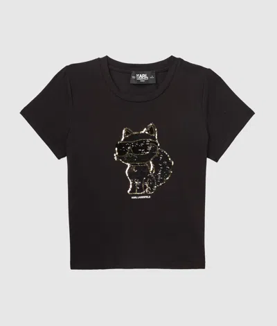 Karl Lagerfeld Girls Sequin Ikon Choupette T-shirt In Black