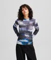 Karl Lagerfeld Glitch Print Mesh Top In Blue