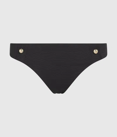 Karl Lagerfeld Textured Button-embellished Bikini Bottoms In Black