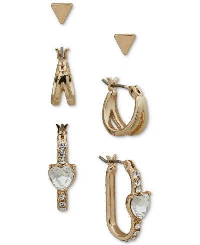 Karl Lagerfeld Gold-tone 3-pc. Set Crystal Heart Stud & Hoop Earrings In Crystal Wh