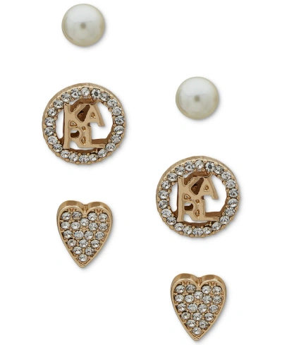 Karl Lagerfeld Gold-tone 3-pc. Set Pave Heart, Logo & Imitation Pearl Stud Earrings
