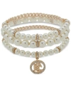 KARL LAGERFELD GOLD-TONE 3-PC. SET PAVE LOGO & IMITATION PEARL STRETCH BRACELETS