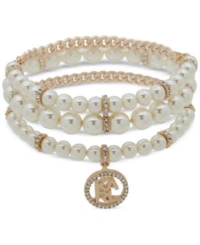 Karl Lagerfeld Gold-tone 3-pc. Set Pave Logo & Imitation Pearl Stretch Bracelets