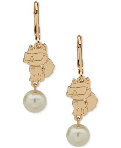 Karl Lagerfeld Gold-tone Choupette & Imitation Pearl Double Drop Earrings