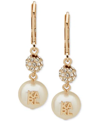 Karl Lagerfeld Gold-tone Crystal & Imitation Pearl Logo Drop Earrings
