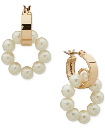 Karl Lagerfeld Gold-tone Imitation Pearl Ring Charm Hoop Earrings In White