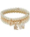 Karl Lagerfeld Gold-tone Imitation Pearl Three Row Charm Orchid Stretch Bracelet In Pearl