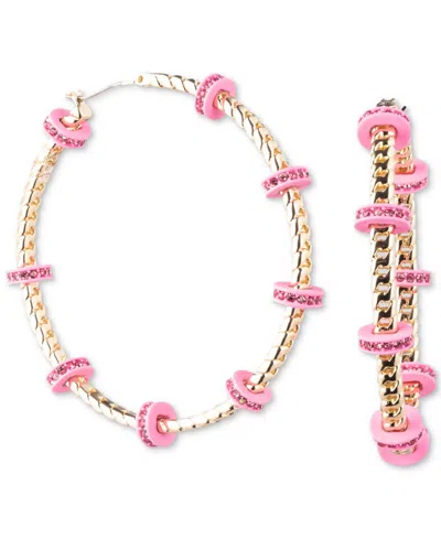 Karl Lagerfeld Gold-tone Medium Pave & Color Bead Curb Chain Hoop Earrings, 1.8" In Pink
