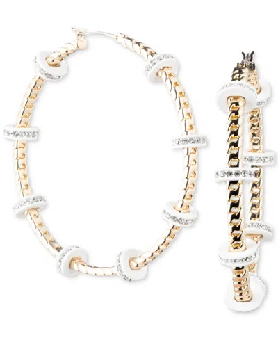 Karl Lagerfeld Gold-tone Medium Pave & Color Bead Curb Chain Hoop Earrings, 1.8" In White