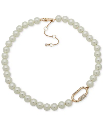 Karl Lagerfeld Gold-tone Pave Carabiner Imitation Pearl Beaded Collar Necklace, 16" + 3" Extender