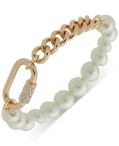 Karl Lagerfeld Gold-tone Pave Carabiner Imitation Pearl Stretch Bracelet