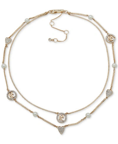Karl Lagerfeld Gold-tone Pave Heart, Logo & Imitation Pearl Layered Collar Necklace, 16" + 3" Extender