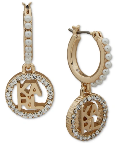 Karl Lagerfeld Gold-tone Pave Logo Charm Imitation Pearl Hoop Earrings