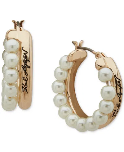 Karl Lagerfeld Gold-tone Small Imitation Pearl Double-row Hoop Earrings, 0.7"