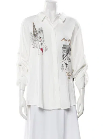Pre-owned Karl Lagerfeld Graphic Print Long Sleeve Button-up Top In White