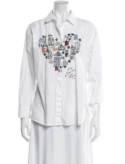 Pre-owned Karl Lagerfeld Graphic Print Long Sleeve Button-up Top In White