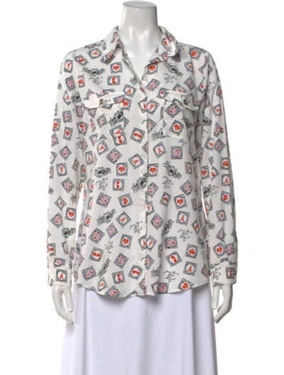 Pre-owned Karl Lagerfeld Graphic Print Long Sleeve Button-up Top In White