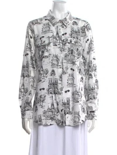 Pre-owned Karl Lagerfeld Graphic Print Long Sleeve Button-up Top In White