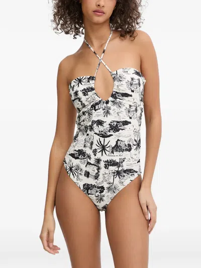 Karl Lagerfeld Graphic-print Halterneck Swimsuit In White