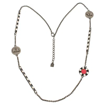 Pre-owned Karl Lagerfeld Gunmetal Long Chain Necklace With Red And Black Enamel