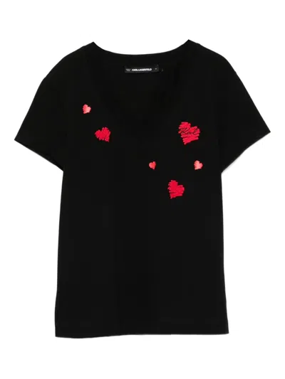Karl Lagerfeld Heart-motif V-neck T-shirt In Black