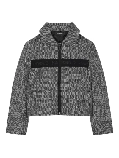 Karl Lagerfeld Herringbone-patterned Cropped Jacket In Gray