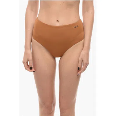Karl Lagerfeld High Waist Bikini Bottom With Silver Logo In Brown