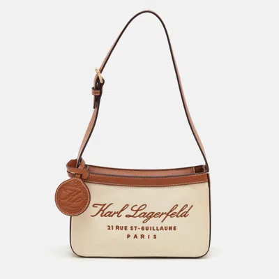 Pre-owned Karl Lagerfeld Hotel Cream/brown Canvas And Leather Shoulder Bag In White