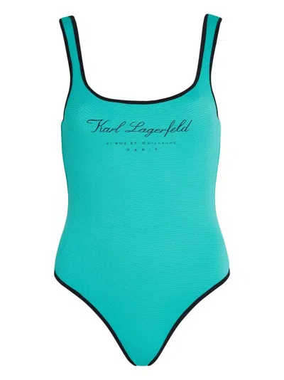 Karl Lagerfeld Logo-print Square-neck Swimsuit In Green