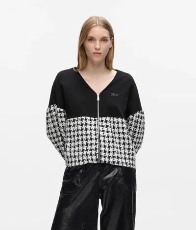 Karl Lagerfeld Houndstooth Panel Zip-up Sweatshirt In Black