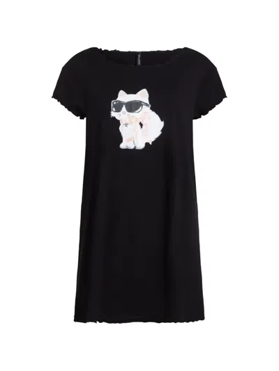 Karl Lagerfeld Ikon Choupette Bow-detail Cotton Pajama Dress In Black