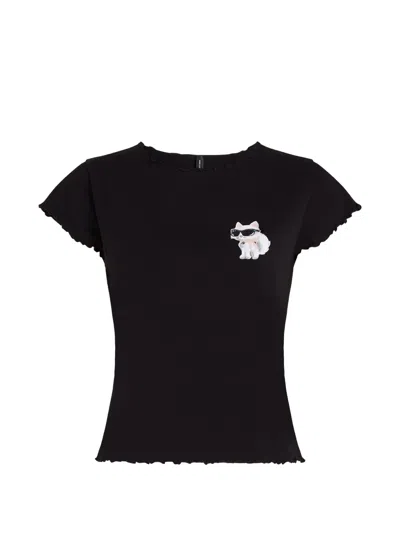 Karl Lagerfeld Ikon Choupette Bow-detail Cotton T-shirt In Black
