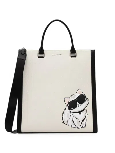 Karl Lagerfeld Ikon Choupette-print Grained Tote Bag In Neutrals