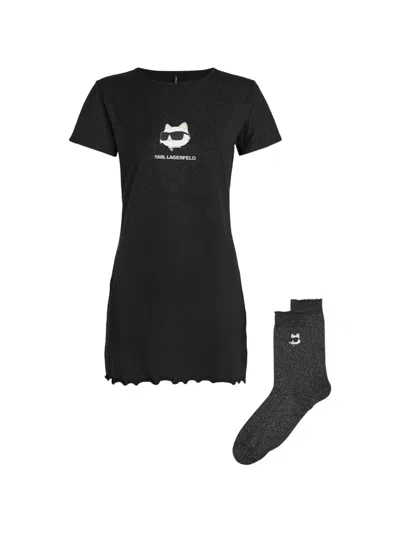 Karl Lagerfeld Ikon Glitter Pajama Dress & Socks Gift Set In Black