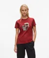 Karl Lagerfeld Ikon Karl & Choupette Rhinestone T-shirt In Red