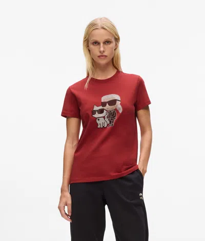 Karl Lagerfeld Ikon Karl & Choupette Rhinestone T-shirt In Red