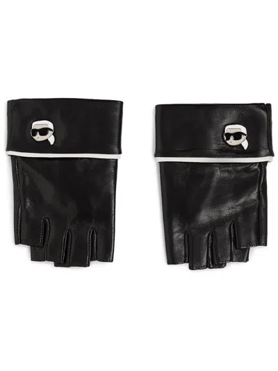Karl Lagerfeld Ikonik Leather Fingerless Gloves In Black