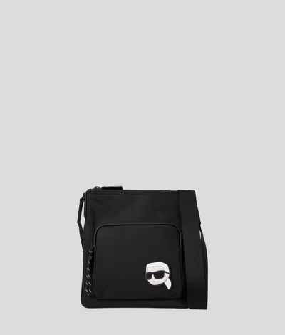 Karl Lagerfeld Ikon Nylon Flat Crossbody Bag In Black