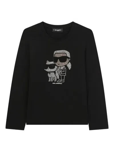Karl Lagerfeld Kids' Ikon Rhinestone-embellished Long-sleeve Top In Black