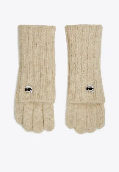 Karl Lagerfeld Ikon Ribbed Knit Gloves In Neutral